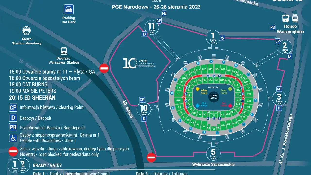 Mapa PGE Narodowy: koncert Ed Sheeran Warszawa, ile biletów? Sprawdź bramy, parking i godziny otwarcia.