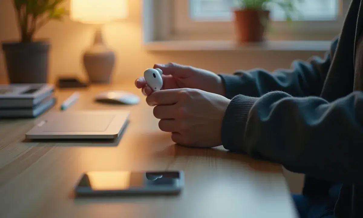 Osoba trzymająca białe słuchawki AirPods, być może zastanawia się, jak zresetować AirPods.