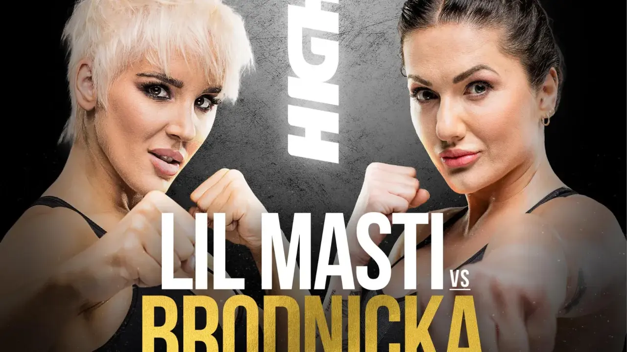 Dwie kobiety w pozycjach bokserskich. Na plakacie widnieje napis "LIL MASTI VS BRODNICKA". Zastanawiasz się, ile kosztuje bilet na koncert Lil Masti?