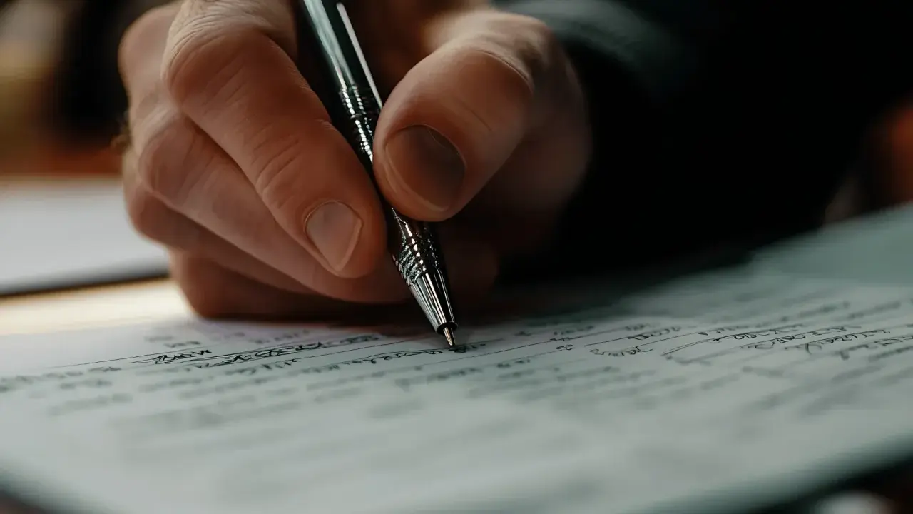 Dłoń pisze długopisem na kartce, tworząc tekst. To inspiracja, jak pisać teksty piosenek, rodzące się z myśli.
