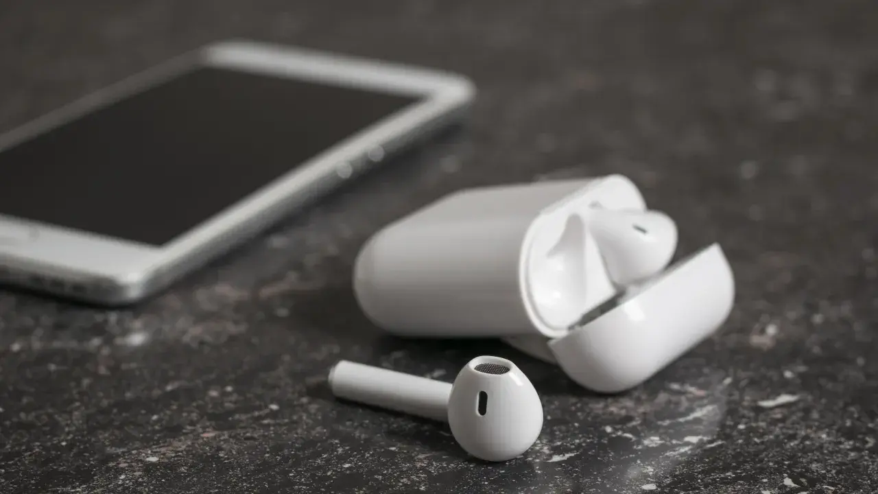 Białe słuchawki bezprzewodowe i smartfon na ciemnym tle. Jedna słuchawka leży obok etui, zastanawiasz się, dlaczego działa tylko jedna słuchawka bezprzewodowa?