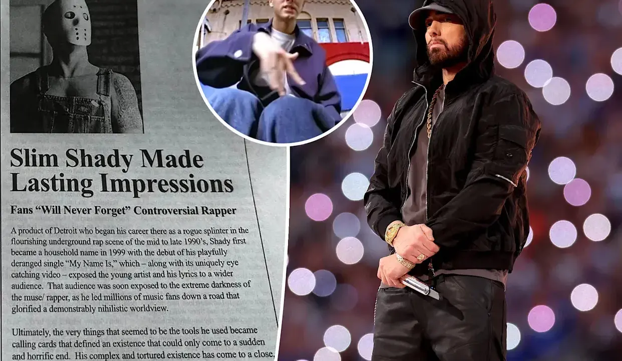 Eminem w kapturze i czarnej kurtce, obok fragmenty artykułu o Slim Shady.
