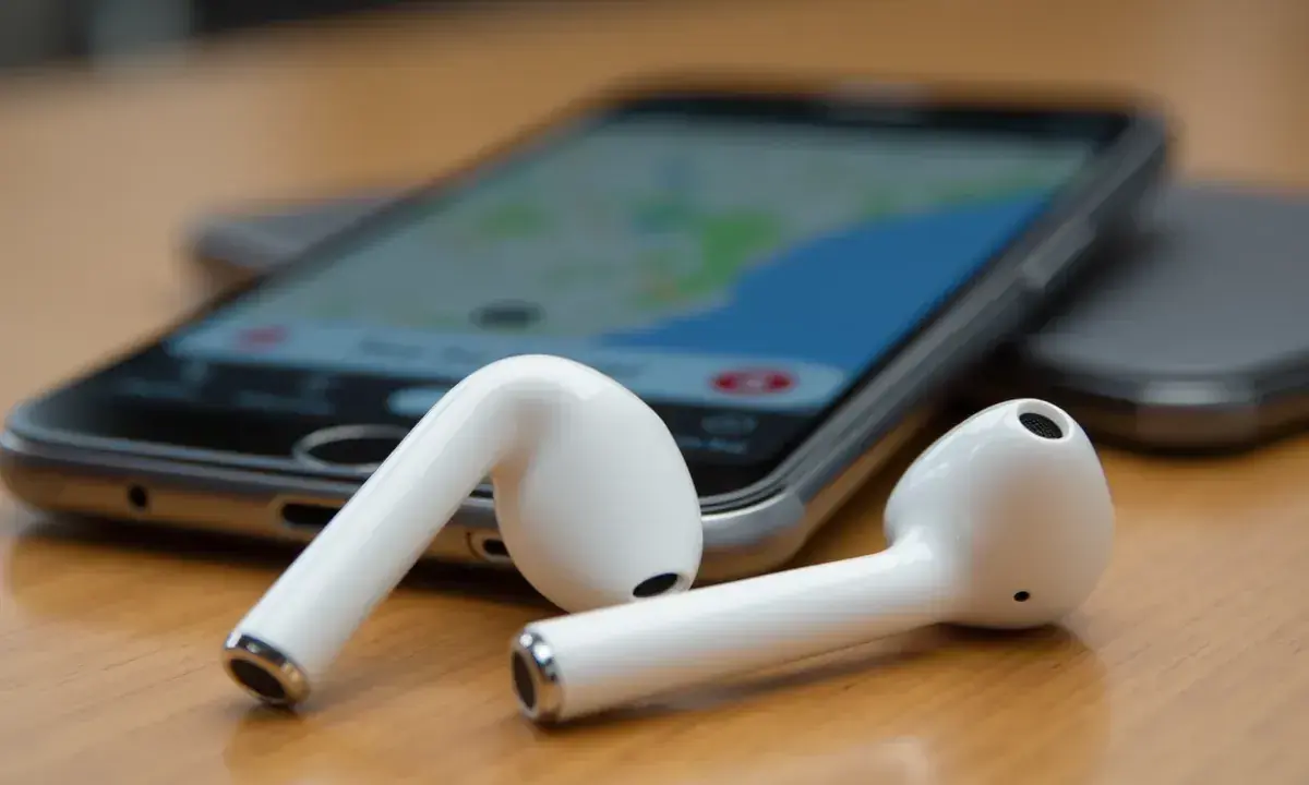 Białe słuchawki AirPods leżą obok telefonu z mapą. Zastanawiasz się, jak znaleźć airpods w domu? Użyj funkcji "Znajdź mój iPhone".