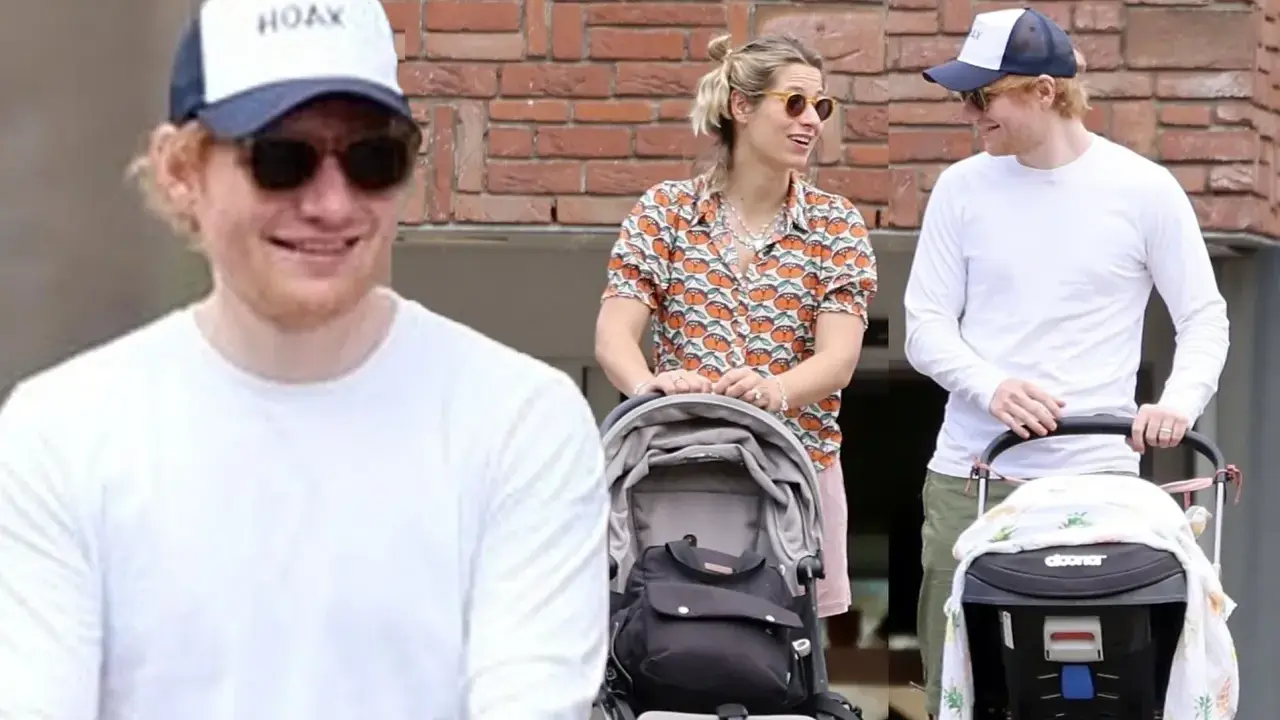Ed Sheeran z żoną i wózkiem dziecięcym. Czy Ed Sheeran ma dzieci? Tak, widać to na zdjęciu.