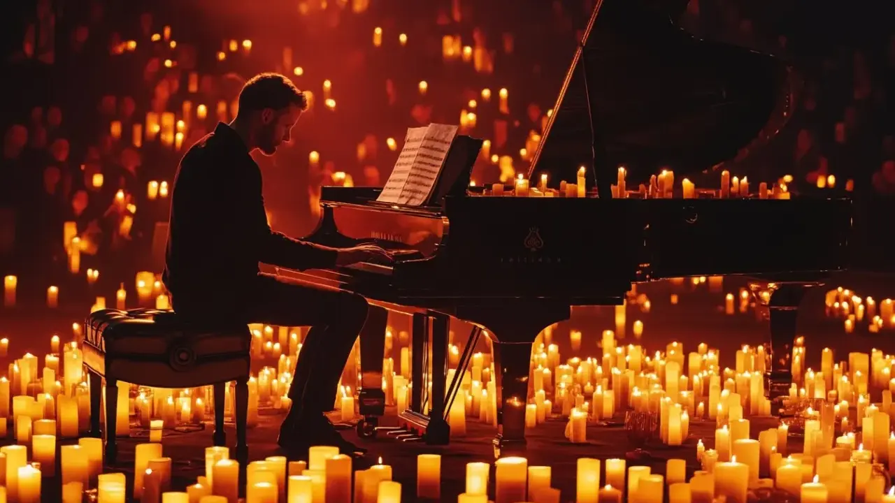Pianista gra muzykę z Harry'ego Pottera w otoczeniu setek świec. Koncert muzyki filmowej Harry Potter trwa ok. 2 godzin.