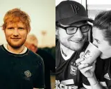 Ed Sheeran, znany z tego, skąd pochodzi, w dwóch ujęciach: z bliska na tle nieba i z partnerką przy kawie.
