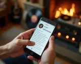 Dłoń trzyma smartfon z wyświetloną aplikacją muzyczną, pokazującą tekst piosenki. To idealny sposób, jak znaleźć piosenkę po fragmencie tekstu, siedząc przy kominku.
