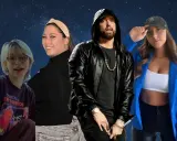 Eminem z córką i innymi osobami na tle gwiazd. Czy Eminem ma dzieci? Tak, ma córkę.