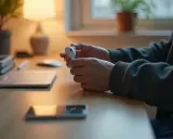 Osoba trzymająca białe słuchawki AirPods, być może zastanawia się, jak zresetować AirPods.