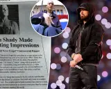 Eminem w kapturze i czarnej kurtce, obok fragmenty artykułu o Slim Shady.