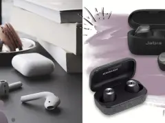 Porównanie słuchawek Jabra i Sennheiser, idealne dla iPhone'a. Obok słuchawki Apple AirPods.