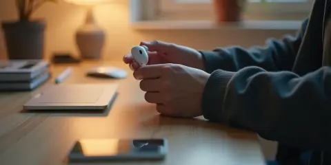 Osoba trzymająca białe słuchawki AirPods, być może zastanawia się, jak zresetować AirPods.