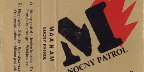 Okładka płyty MAANAM "NOCNY PATROL". Tekst piosenki "czekam na wiatr co rozgoni" jest częścią tytułów utworów.