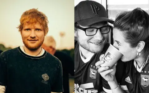 Ed Sheeran, znany z tego, skąd pochodzi, w dwóch ujęciach: z bliska na tle nieba i z partnerką przy kawie.
