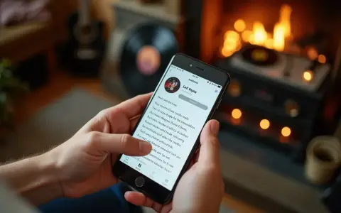 Dłoń trzyma smartfon z wyświetloną aplikacją muzyczną, pokazującą tekst piosenki. To idealny sposób, jak znaleźć piosenkę po fragmencie tekstu, siedząc przy kominku.