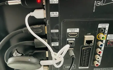 Złącza z tyłu telewizora Samsung: USB, HDMI, IR OUT, LAN, EXT (RGB). Brak widocznego wejścia na słuchawki.
