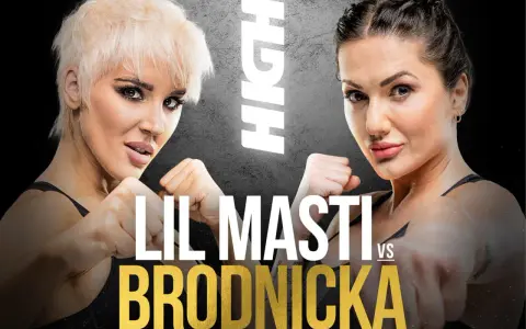 Dwie kobiety w pozycjach bokserskich. Na plakacie widnieje napis "LIL MASTI VS BRODNICKA". Zastanawiasz się, ile kosztuje bilet na koncert Lil Masti?