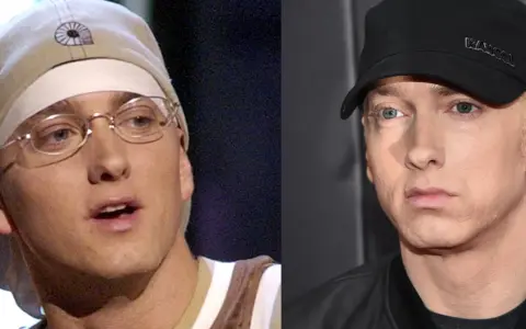 Eminem, kto to? Porównanie wizerunków rapera z różnych lat: młodszy w czapce i okularach, starszy w czarnej czapce Kangol.