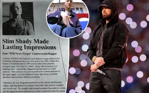 Eminem w kapturze i czarnej kurtce, obok fragmenty artykułu o Slim Shady.