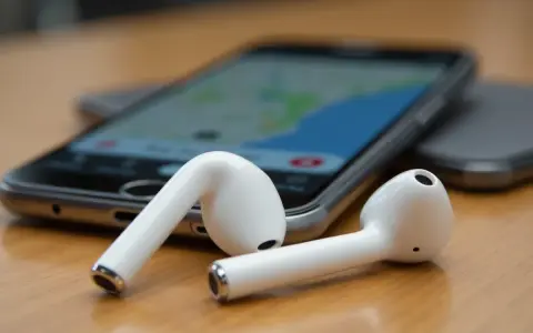 Białe słuchawki AirPods leżą obok telefonu z mapą. Zastanawiasz się, jak znaleźć airpods w domu? Użyj funkcji "Znajdź mój iPhone".