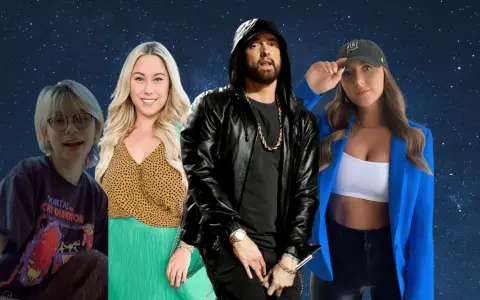 Eminem w czarnej kurtce i złotej biżuterii, otoczony przez trzy kobiety. Czy Eminem ma zone?