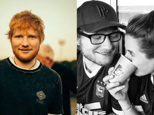 Ed Sheeran, znany z tego, skąd pochodzi, w dwóch ujęciach: z bliska na tle nieba i z partnerką przy kawie.