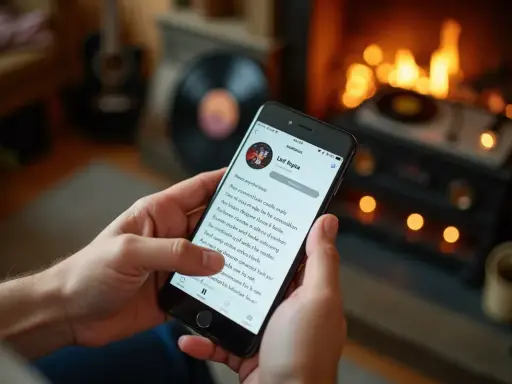 Dłoń trzyma smartfon z wyświetloną aplikacją muzyczną, pokazującą tekst piosenki. To idealny sposób, jak znaleźć piosenkę po fragmencie tekstu, siedząc przy kominku.