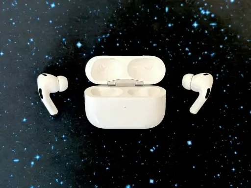 Białe słuchawki AirPods z etui na czarnym tle w gwiazdy.