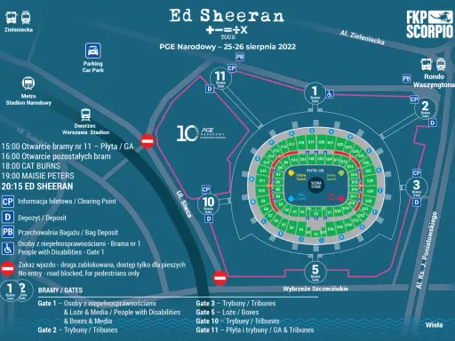 Mapa PGE Narodowy: koncert Ed Sheeran Warszawa, ile biletów? Sprawdź bramy, parking i godziny otwarcia.