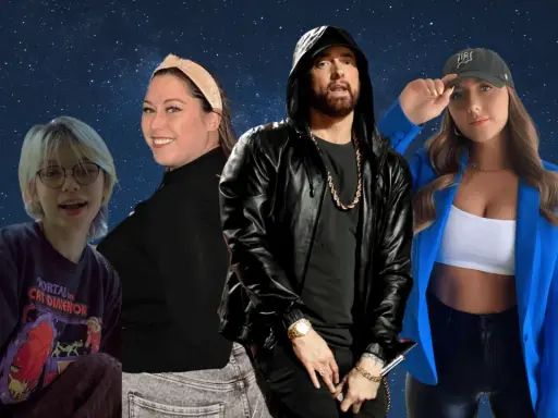 Eminem z córką i innymi osobami na tle gwiazd. Czy Eminem ma dzieci? Tak, ma córkę.