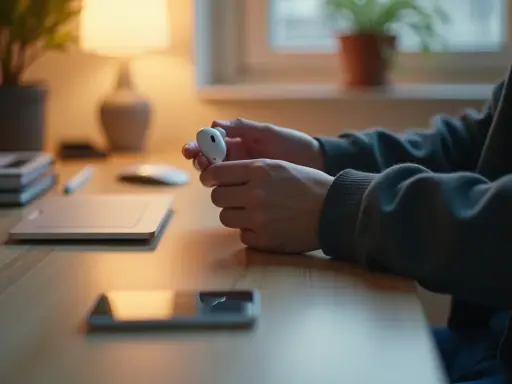 Osoba trzymająca białe słuchawki AirPods, być może zastanawia się, jak zresetować AirPods.