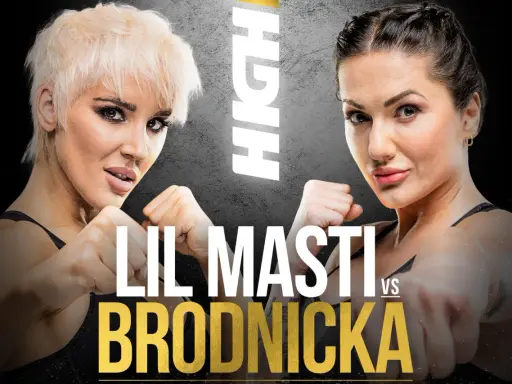 Dwie kobiety w pozycjach bokserskich. Na plakacie widnieje napis "LIL MASTI VS BRODNICKA". Zastanawiasz się, ile kosztuje bilet na koncert Lil Masti?