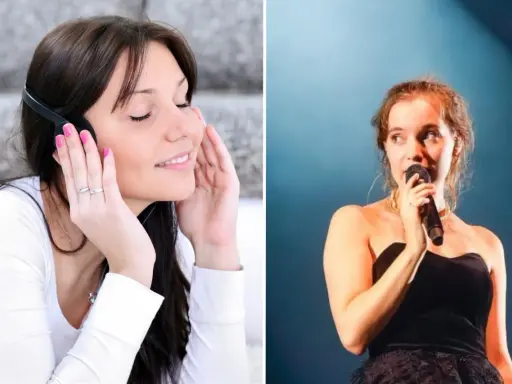 Kto śpiewał piosenkę nic 2 razy się nie zdarza? To Kayah. Na zdjęciu kobieta słucha muzyki i artystka na scenie.
