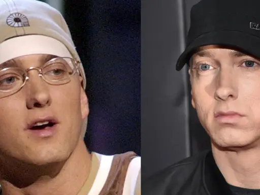 Eminem, kto to? Porównanie wizerunków rapera z różnych lat: młodszy w czapce i okularach, starszy w czarnej czapce Kangol.