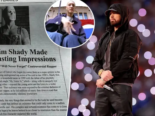 Eminem w kapturze i czarnej kurtce, obok fragmenty artykułu o Slim Shady.