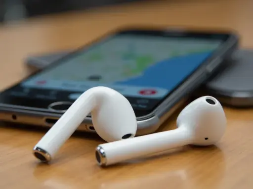 Białe słuchawki AirPods leżą obok telefonu z mapą. Zastanawiasz się, jak znaleźć airpods w domu? Użyj funkcji "Znajdź mój iPhone".