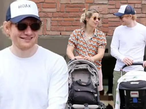 Ed Sheeran z żoną i wózkiem dziecięcym. Czy Ed Sheeran ma dzieci? Tak, widać to na zdjęciu.