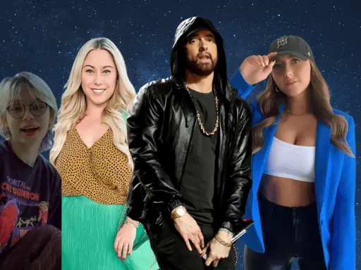 Eminem w czarnej kurtce i złotej biżuterii, otoczony przez trzy kobiety. Czy Eminem ma zone?
