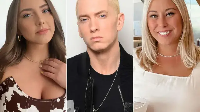 Trzy portrety: dwie kobiety i Eminem. Czy Eminem ma dzieci? Na zdjęciu widać jego córkę, Hailie.