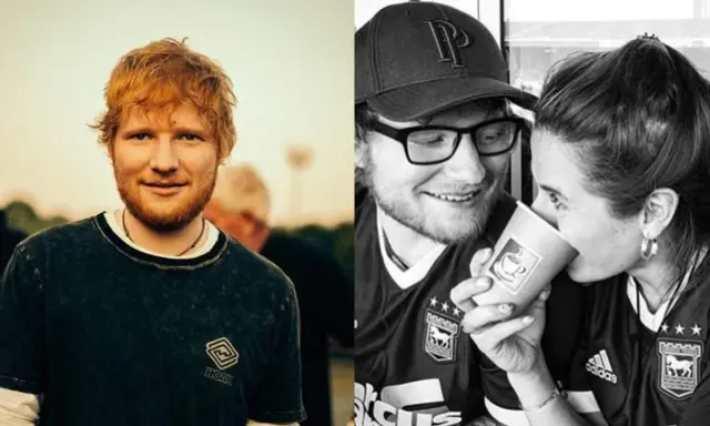 Ed Sheeran, znany z tego, skąd pochodzi, w dwóch ujęciach: z bliska na tle nieba i z partnerką przy kawie.