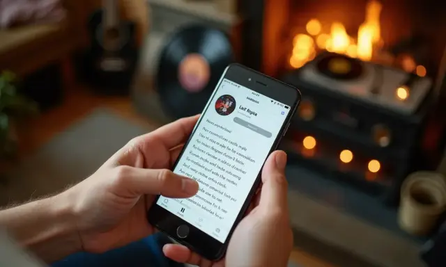 Dłoń trzyma smartfon z wyświetloną aplikacją muzyczną, pokazującą tekst piosenki. To idealny sposób, jak znaleźć piosenkę po fragmencie tekstu, siedząc przy kominku.
