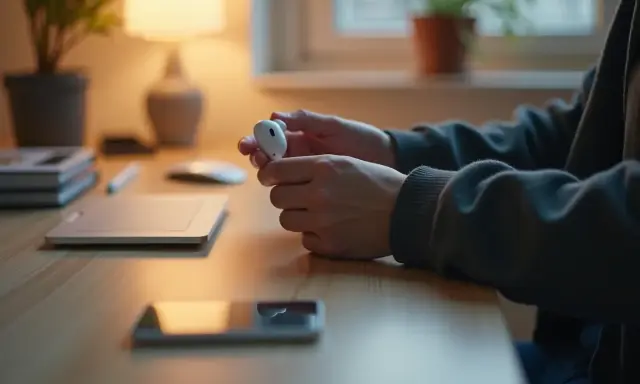 Osoba trzymająca białe słuchawki AirPods, być może zastanawia się, jak zresetować AirPods.