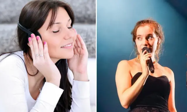 Kto śpiewał piosenkę nic 2 razy się nie zdarza? To Kayah. Na zdjęciu kobieta słucha muzyki i artystka na scenie.