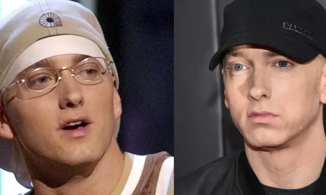 Eminem, kto to? Porównanie wizerunków rapera z różnych lat: młodszy w czapce i okularach, starszy w czarnej czapce Kangol.