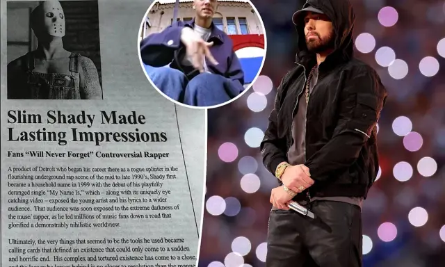 Eminem w kapturze i czarnej kurtce, obok fragmenty artykułu o Slim Shady.