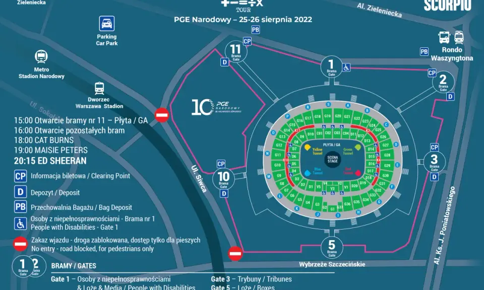Mapa PGE Narodowy: koncert Ed Sheeran Warszawa, ile biletów? Sprawdź bramy, parking i godziny otwarcia.