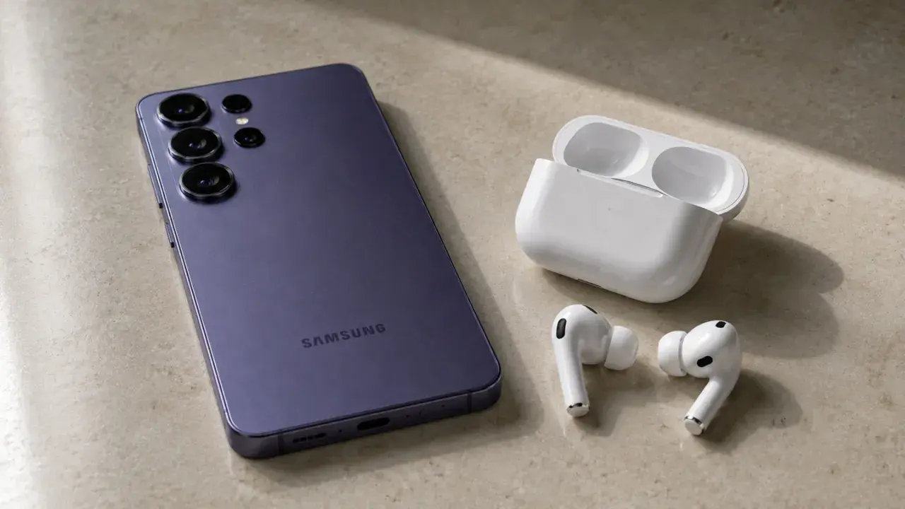 Fioletowy Samsung i białe AirPods. Dowiedz się, jak połączyć Airpods z Androidem, by cieszyć się muzyką.