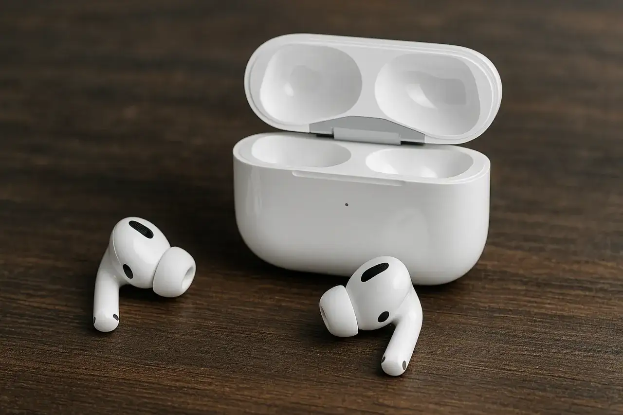 Białe słuchawki AirPods Pro i ich etui ładujące na drewnianym tle. Kiedy pojawią się AirPods Pro 3?