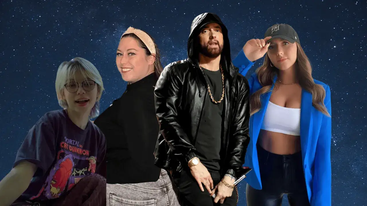 Eminem z córką i dwiema innymi kobietami na tle nocnego nieba. Ile dzieci ma Eminem? Jedno, Hailie.
