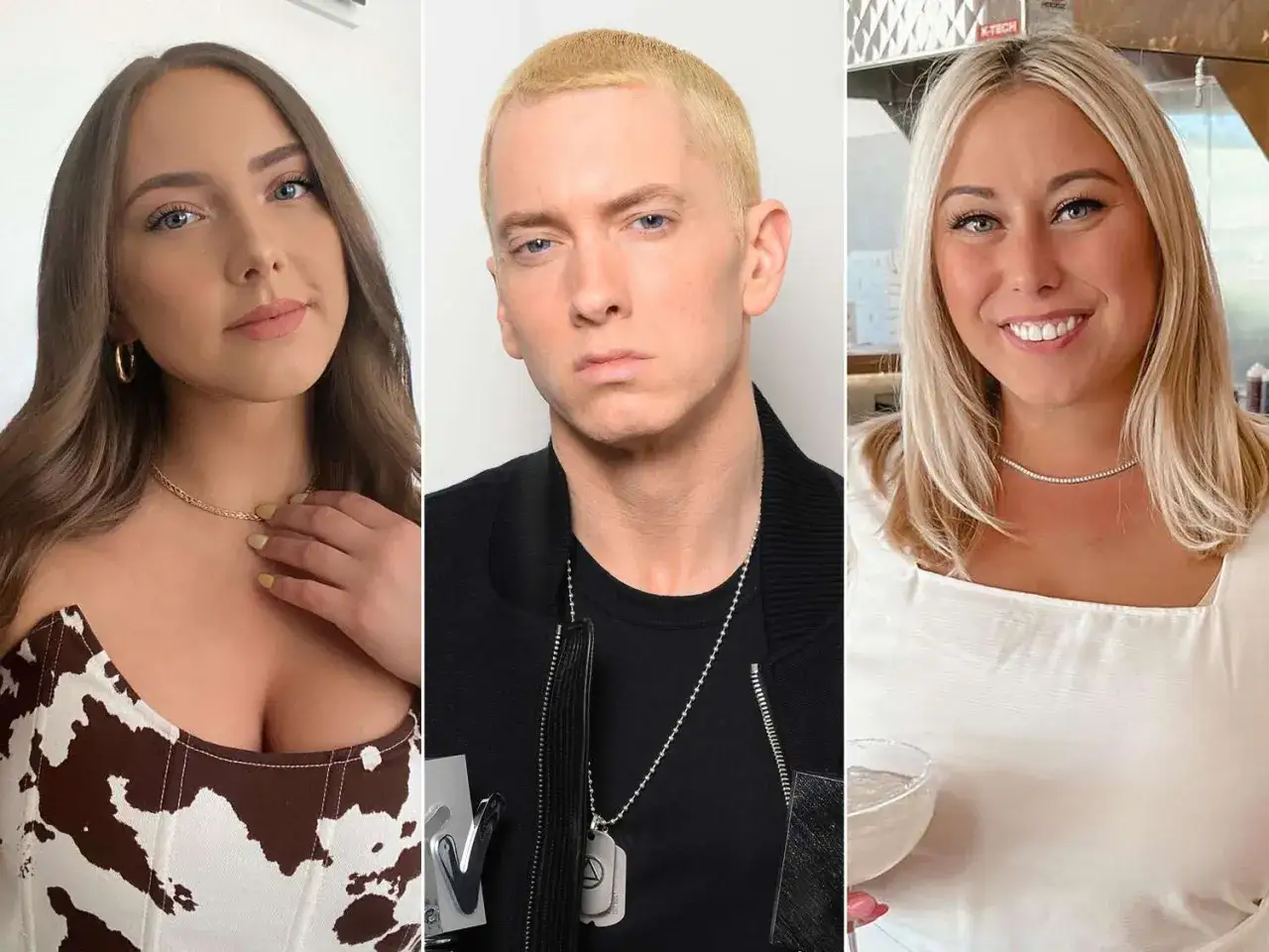 Trzy osoby: kobieta w brązowo-białej sukience, Eminem i kobieta w białej bluzce. Czy to jego córki?
